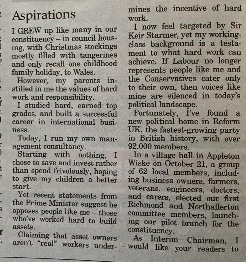 Letter to Darlington and Stockton Times by Matthew Cooke