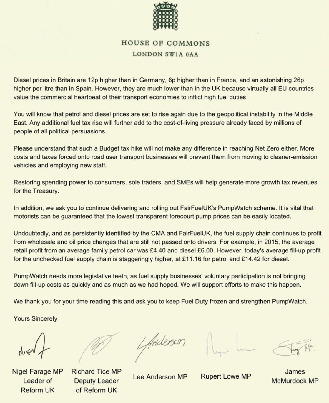 Reform-letter-diesel Reform MPs letter to Rachel Reeves