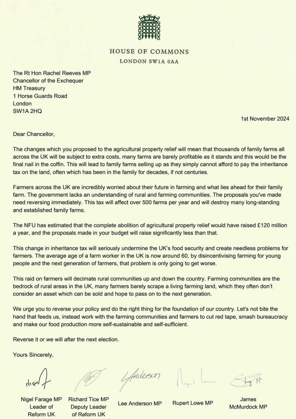 Letter to Chancellor by 5 Reform UK MPs
